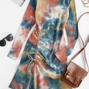 Tie Dye Cinched Flounce Ribbed Tee Dress