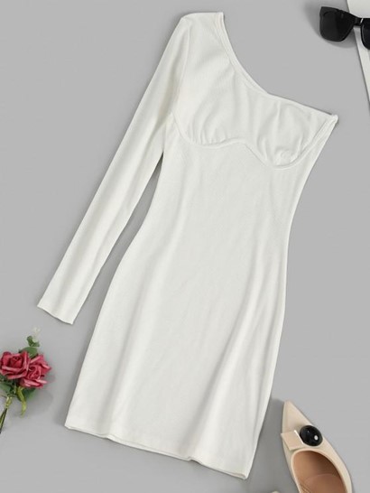 Ribbed One Shoulder Long Sleeve Dress