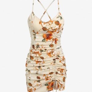 Cross Flower Print Cinched Slip Dress
