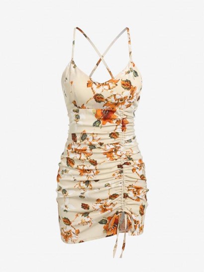 Cross Flower Print Cinched Slip Dress