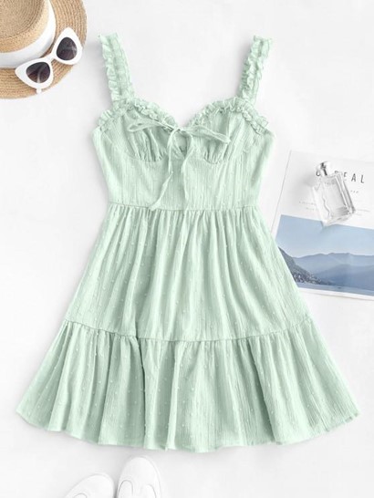 Swiss Dot Frilled Tie Pep Hem Dress