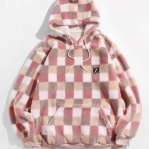 Colorblock Geometric Pattern Teddy Hoodie