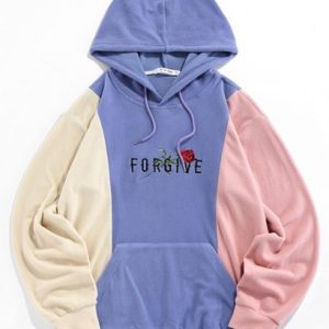 Rose Flower Embroidered Contrast Fleece Hoodie