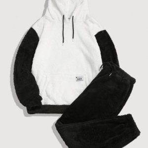 Letter Applique Faux Fur Fluffy Hoodie And Pants Set