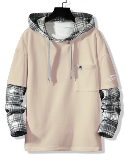 Letter Print Plaid Faux Twinset Hoodie