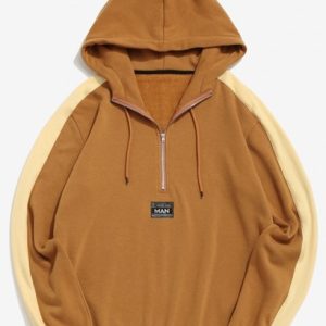 Letter Patch Plush Colorblock Hoodie