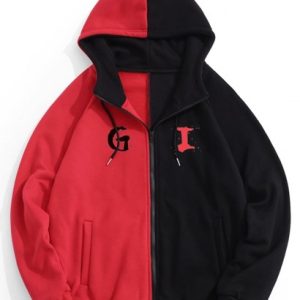 Letter Print Two Tone Fleece Zip Up Hoodie Jacket