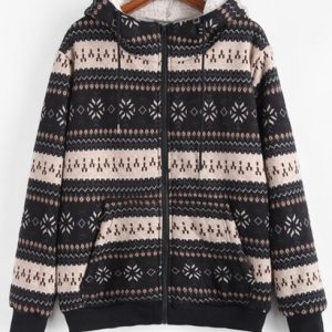 Christmas Snowflake Print Hooded Faux Shearling Zip Vintage Jacket
