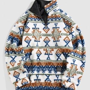 Tribal Ethnic Aztec Printed Quarter Zip Teddy Sweatshirt