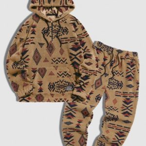 Quarter Zip Fuzzy Polar Fleece Ethnic Aztec Tribal Print Hoodie And Beam Feet Pants Set
