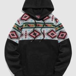 Ethnic Aztec Tribal Print Woolen Splicing Fleece-lined Hoodie