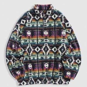 Ethnic Tribal Aztec Printed Zip Up Fluffy Teddy Sweatshirt
