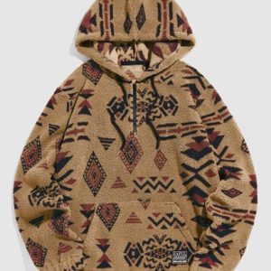 Quarter Zip Pocket Ethnic Aztec Tribal Print Pullover Fuzzy Hoodie