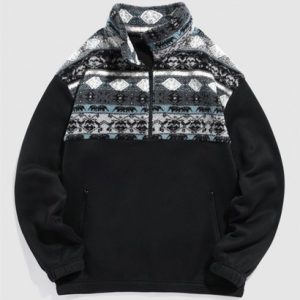 Ethnic Aztec Print Tribal Fluffy Polar Fleece Splicing Half Zip Sweatshirt