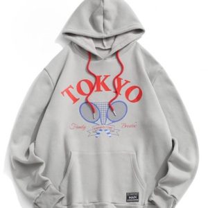 Fleece-lined Tokyo Tennis Rackets Letter Print Graphic Hoodie