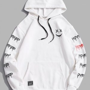 Cartoon Face Letter Print Applique Fleece Hoodie