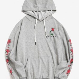Kangaroo Pocket Flower Rose Print Graphic Hoodie