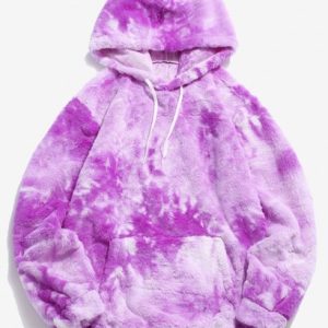 Kangaroo Pocket Tie Dye Pattern Faux Fur Fluffy Hoodie