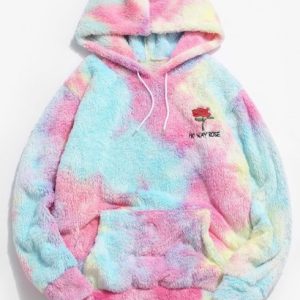 Rose Flower Embroidered Tie Dye Fluffy Hoodie