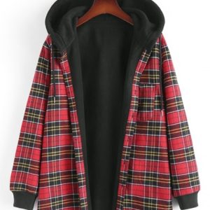 Fuzzy Flannel Plaid Fleece Lined Hooded Shirt Jacket