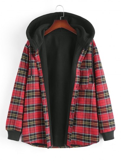 Fuzzy Flannel Plaid Fleece Lined Hooded Shirt Jacket