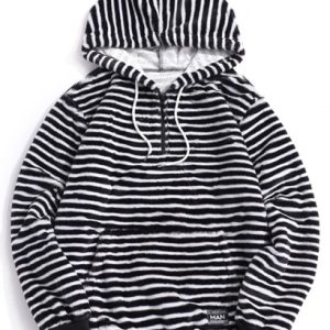 Quarter Zip Striped Faux Fur Fluffy Hoodie