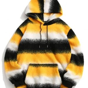 Front Pocket Colorblock Fleece Stripes Teddy Hoodie