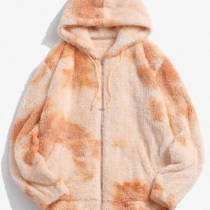 Hooded Zip Up Tie Dye Fuzzy Fluffy Jacket