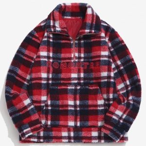 Plaid Letter Embroidery Quarter Zip Teddy Sweatshirt