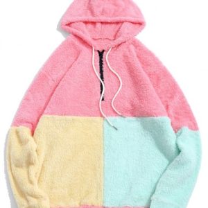 Color-blocking Splicing Half Zipper Fuzzy Hoodie