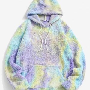 Tie Dye Front Pocket Fluffy Fleece Teddy Hoodie