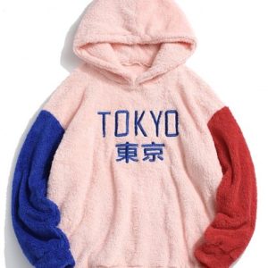 Letter Embroidered Contrast Fluffy Fleece Japanese Hoodie