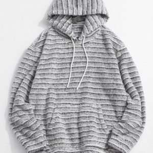 Kangaroo Pocket Striped Pattern Fluffy Hoodie