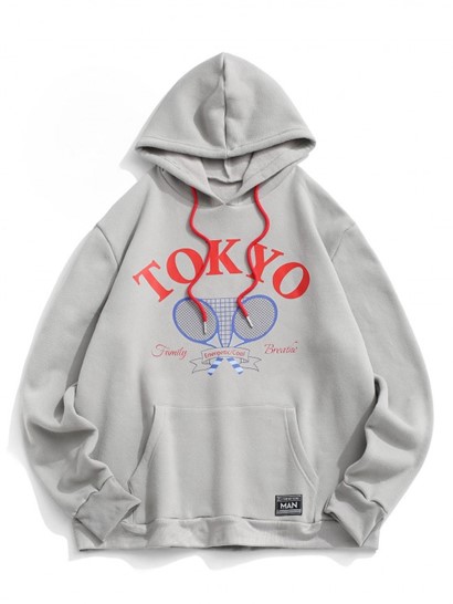 Fleece-lined Tokyo Tennis Rackets Letter Print Graphic Hoodie