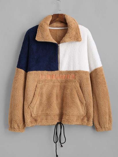 Fluffy Colorblock Two Tone Dreamer Drop Shoulder Quarter Zip Sweatshirt