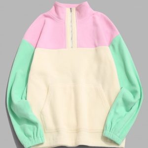 Colorblock Quarter Zip Kangaroo Pocket Fluffy Sweatshirt