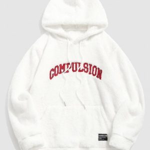 Letter Embroidered Kangaroo Pocket Fleece Fluffy Essentials Hoodie