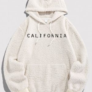 Letter Embroidered Faux Shearling Fleece Fluffy Vintage Essentials Hoodie