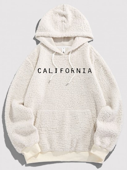 Letter Embroidered Faux Shearling Fleece Fluffy Vintage Essentials Hoodie