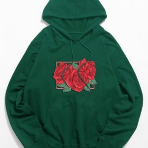 Vintage Rose Floral Graphic Drawstring Pouch Pocket Hoodie