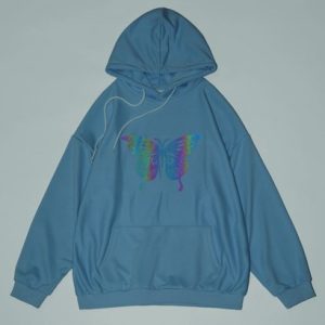 Y2K Aesthetic Reflective Butterfly Print Drop Shoulder Hoodie