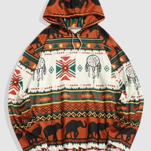 Elephant Ethnic Aztec Tribal Print Kangaroo Pocket Hoodie