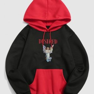 Streetwear Desired Angel Print Fleece-lined Colorblock Vintage Hoodie