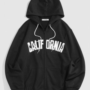 Streetwear CALIFORNIA Print Zip Up Vintage Essentials Hooded Jacket