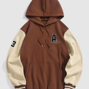 College Style Letter Embroider Colorblock Fleece-lined Hoodie