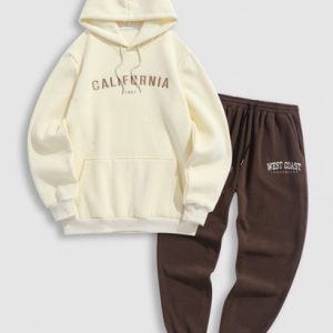Letter Embroidery Fleece-lining Hoodie And Polar Fleece Sweatpants Set