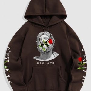 Vintage C'EST LA VIE  Rose Flower Sculpture Graphic Fleece Thermal Lined Pullover Hoodie