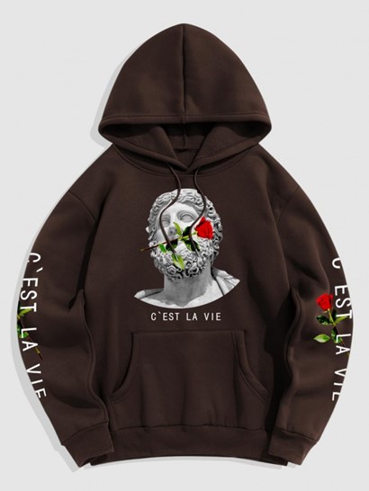 Vintage C'EST LA VIE Rose Flower Sculpture Graphic Fleece Thermal Lined Pullover Hoodie