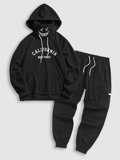 Letter Vintage Graphic Embroidered Fleece Mask Hoodie With Techwear Cargo Pants Set