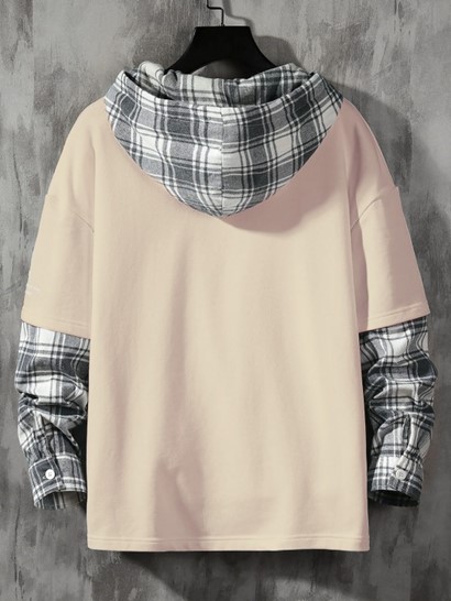 Letter Print Plaid Faux Twinset Hoodie - Image 2